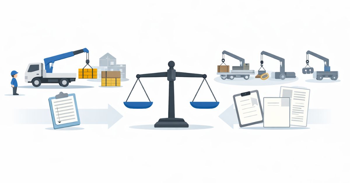 中古ユニック車の購入とレンタル外注の判断軸を比較した図解