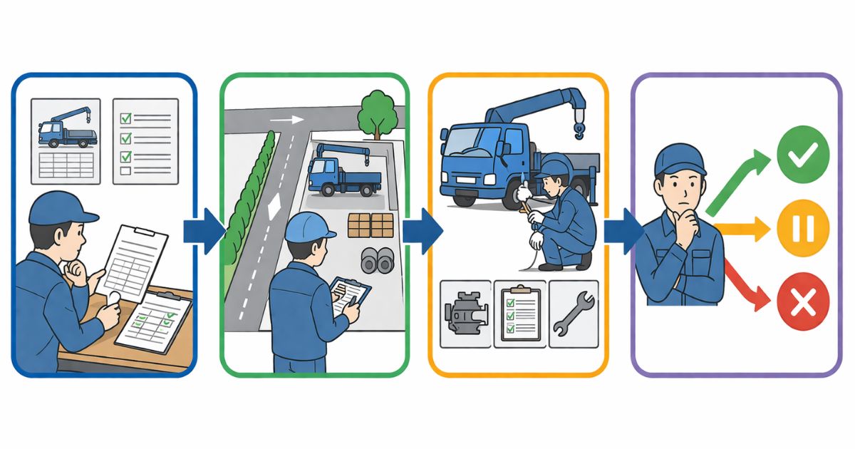 中古ユニック車購入前の確認手順を4段階で整理した図解