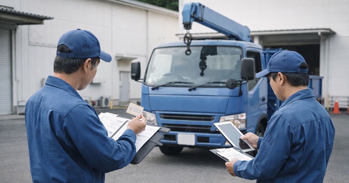 中古ユニック車の購入前に条件確認をしている現場イメージ