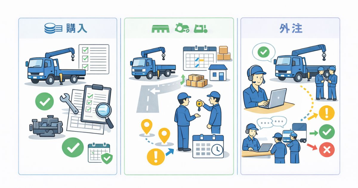 中古ユニック車の購入・レンタル・外注の違いを整理した比較図
