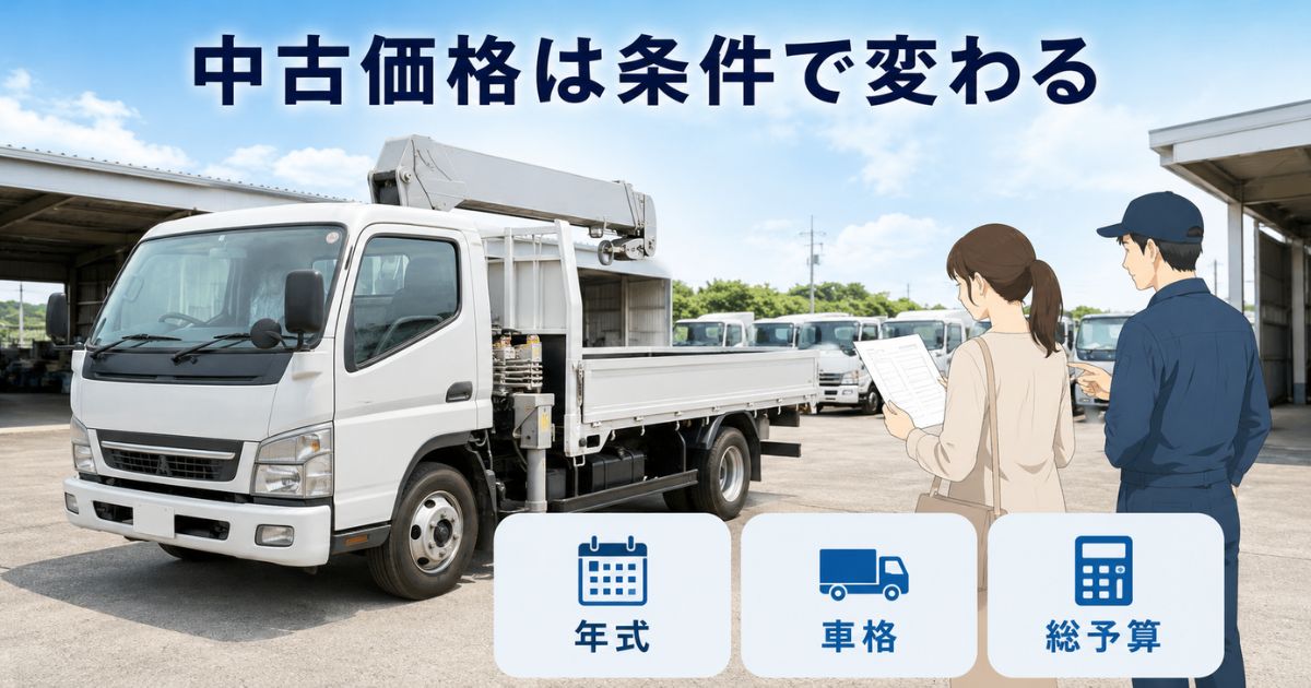 中古クレーン付きトラックを前に年式・車格・総予算を確認する場面