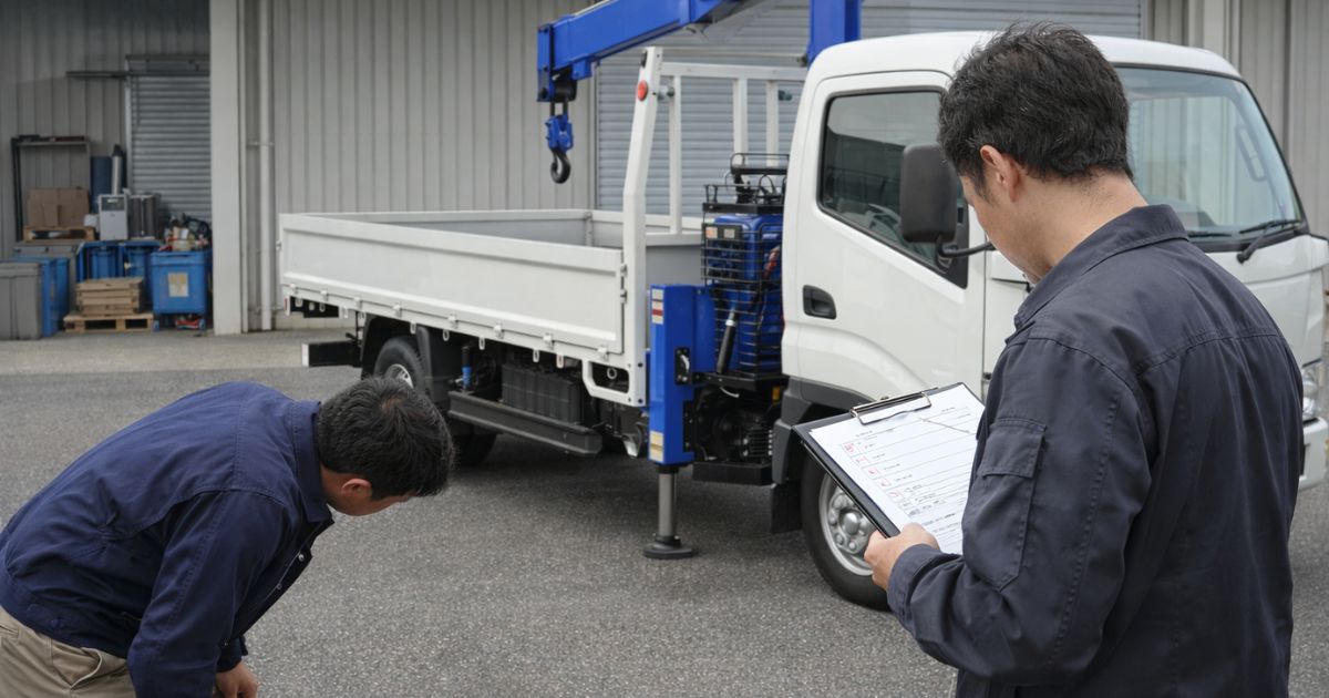 中古ユニック車の購入前に車両状態と書類を確認している現場イメージ