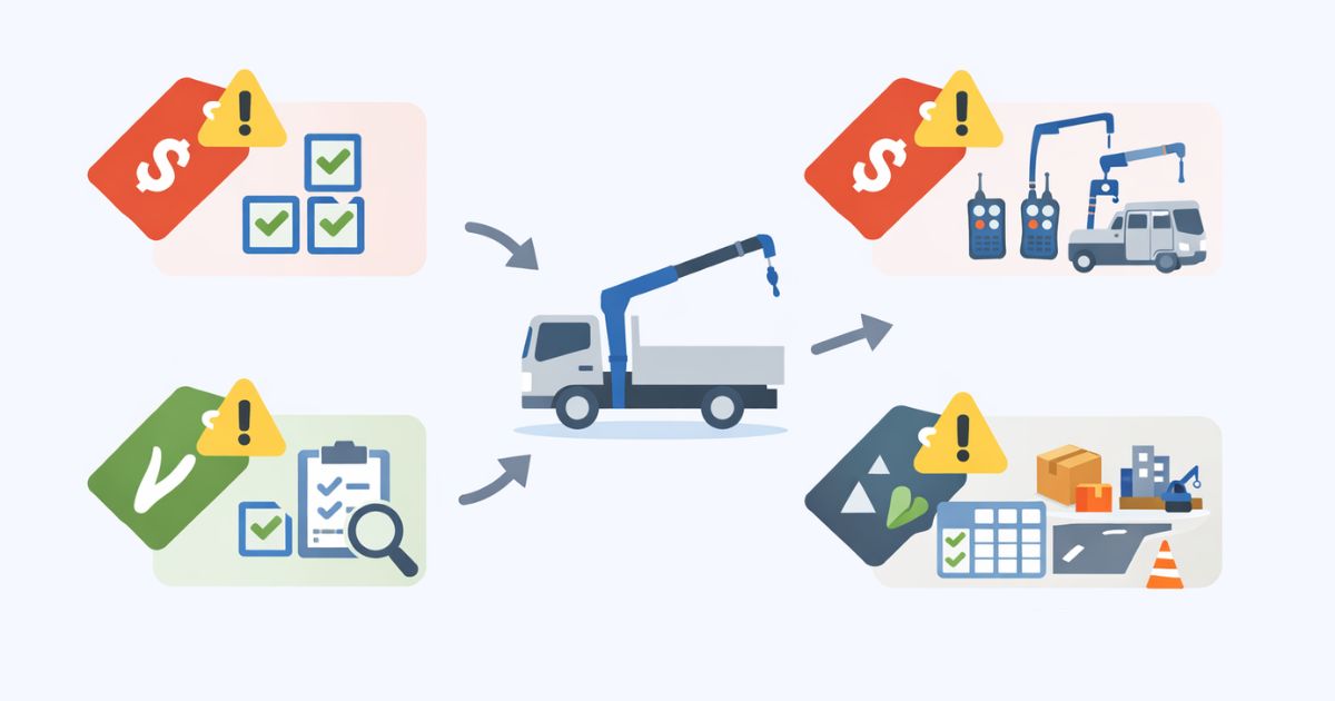 中古ユニック車の比較時に起きやすい失敗と確認ポイントを整理した図解