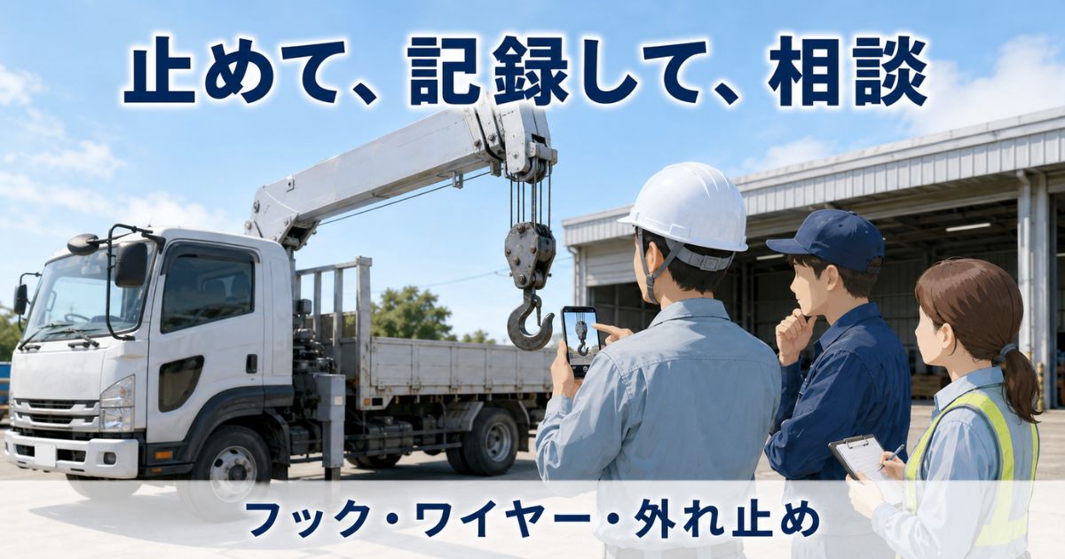 ユニック車のフックに不安があるときに状態を記録して整備担当者へ相談している写真風画像