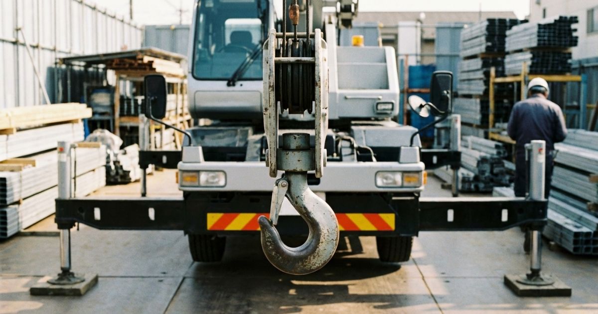 クレーン付きトラックのフックをクローズアップし、作業前点検の対象部位が分かる写真