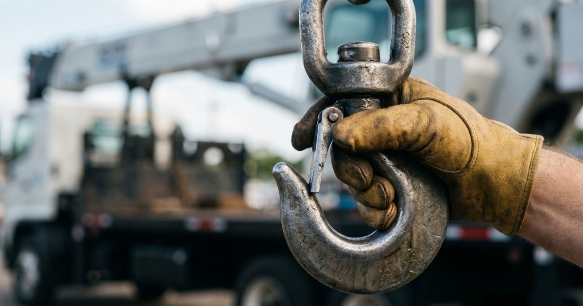 フックの摩耗・口開き・外れ止めなどを作業前に確認しているクローズアップ