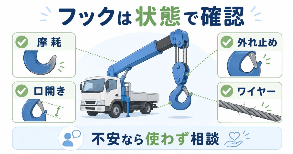 ユニック車のフックを摩耗・口開き・外れ止め・ワイヤーの状態で確認するアイキャッチ画像