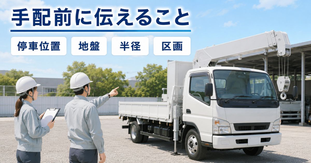ユニック車の手配前に停車位置・地盤・半径・区画を現場で確認している場面