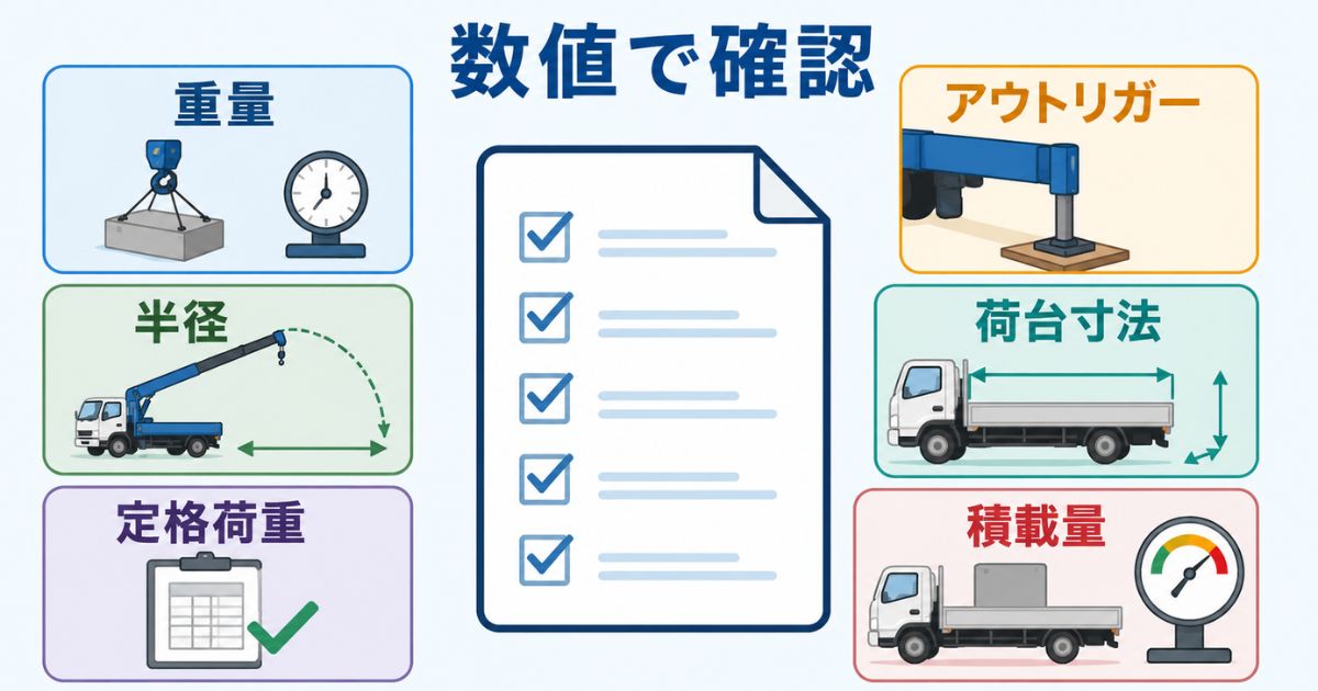 ユニック車のKYで重量・半径・定格荷重・アウトリガー・荷台寸法・積載量を確認する図解