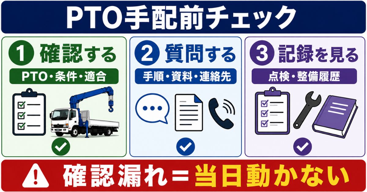 PTOの手配前に確認する項目や質問事項や点検記録を整理する図解