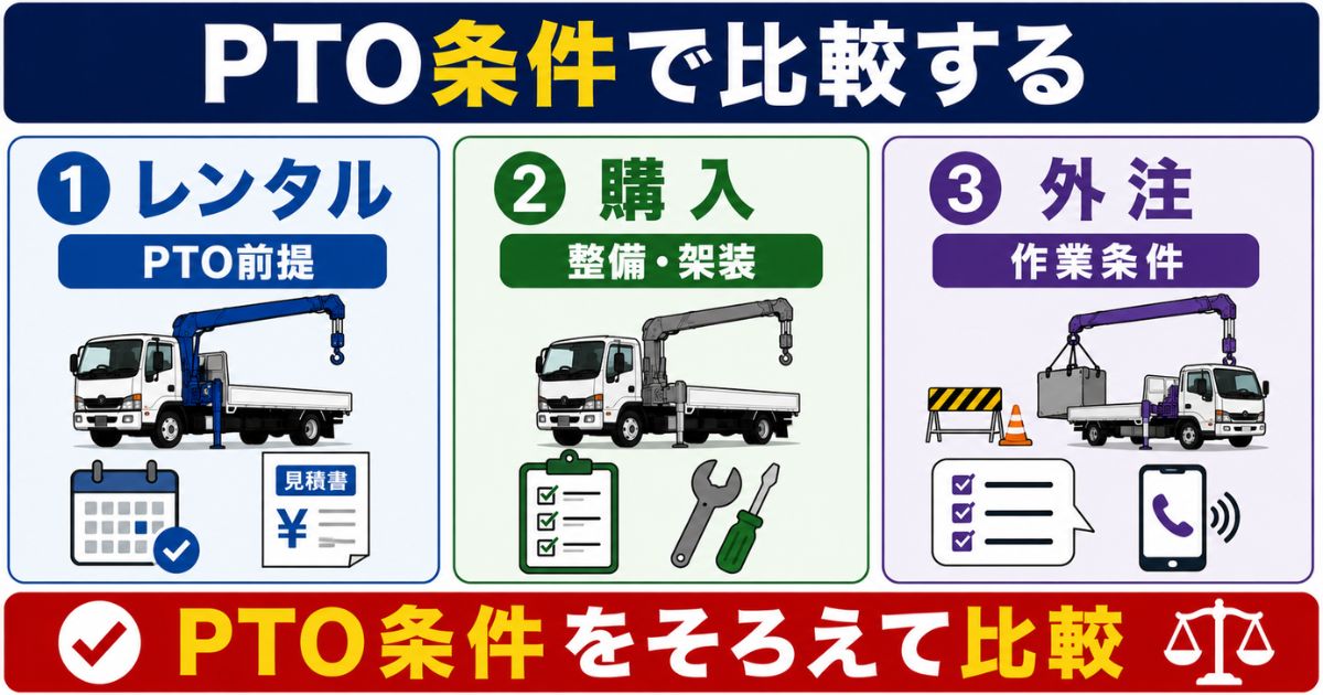レンタル購入外注をPTO条件で比較し金額だけで判断しないことを示す図解