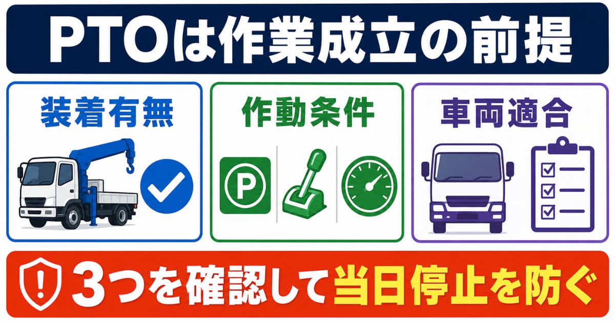 ユニック車PTOは作業成立の前提であり装着有無や作動条件や車両適合を確認する必要があることを示す図解