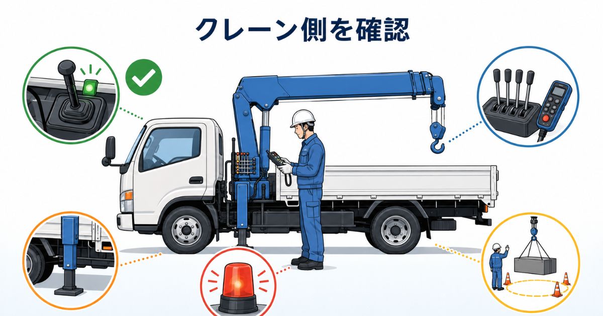PTOは入ったがクレーンが動かないためクレーン側の操作や準備を確認している図解