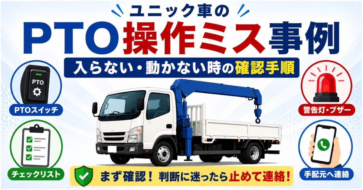 ユニック車のPTO操作ミス事例と入らない時の確認手順を示すアイキャッチ画像
