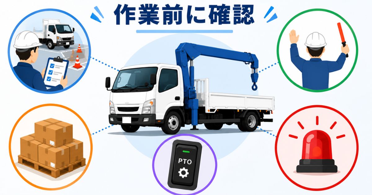 ユニック車のPTO操作ミスを防ぐために作業前の確認項目を整理した図解