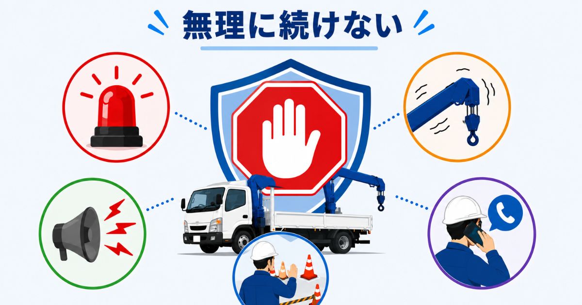 PTO操作中に警告や違和感がある時は無理に続けない判断を示す図解