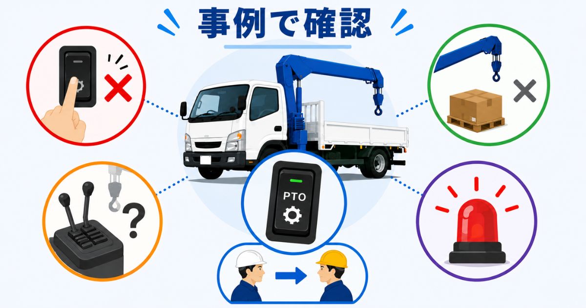 ユニック車のPTO操作ミスで起きやすいトラブル事例を整理した図解