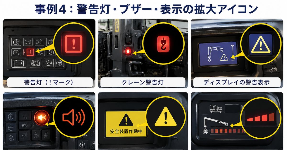 警告灯やブザーや表示が出た時に作業を止めて確認するための拡大アイコン図解