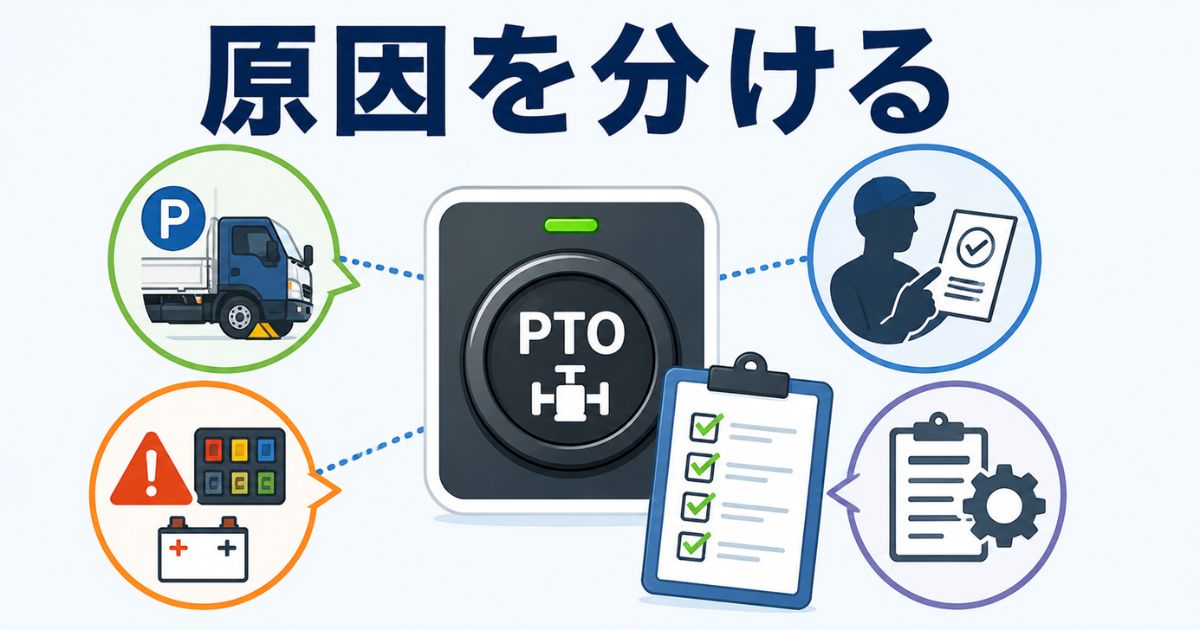 PTOスイッチが入らない原因を作動条件や操作手順など4分類で切り分ける図解