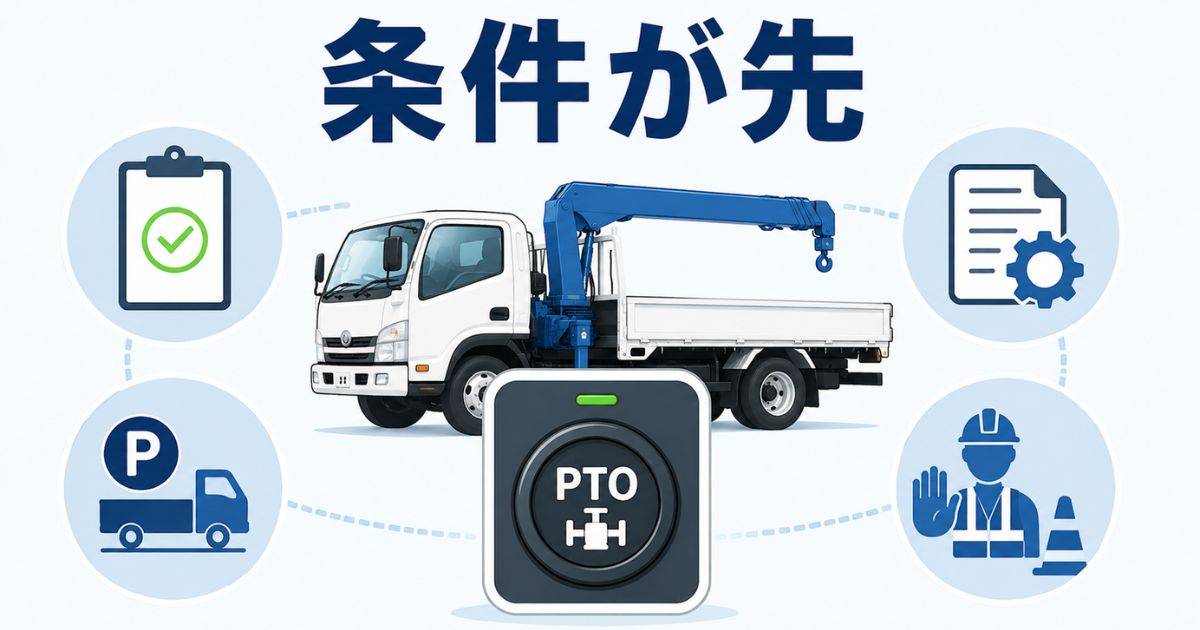 PTOスイッチは装備や作動条件や安全確認が揃ってから使うことを示す図解