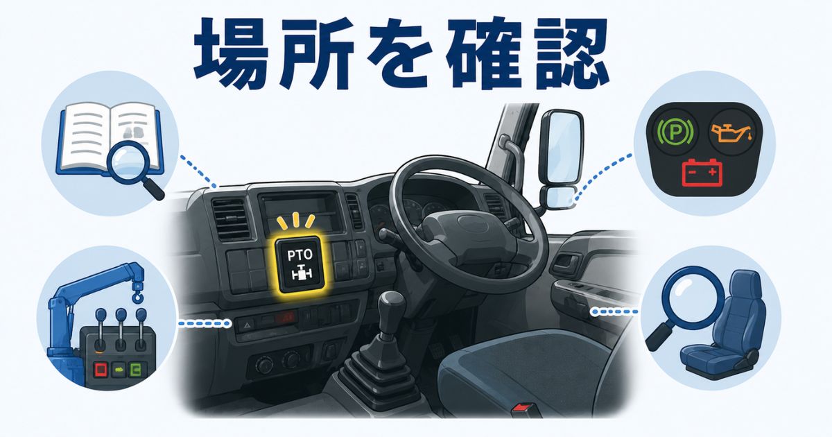 PTOスイッチの場所を車内や表示灯や取扱資料で確認する方法の図解