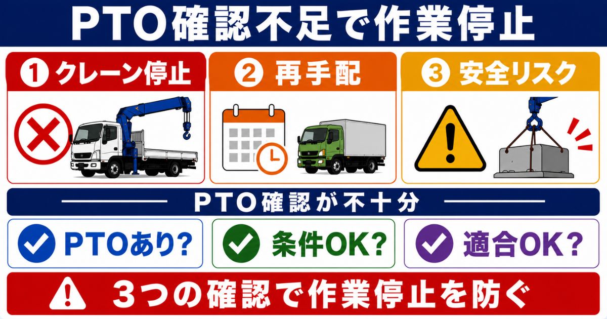 PTO確認不足でクレーン停止や再手配などの作業停止につながることを示す図解