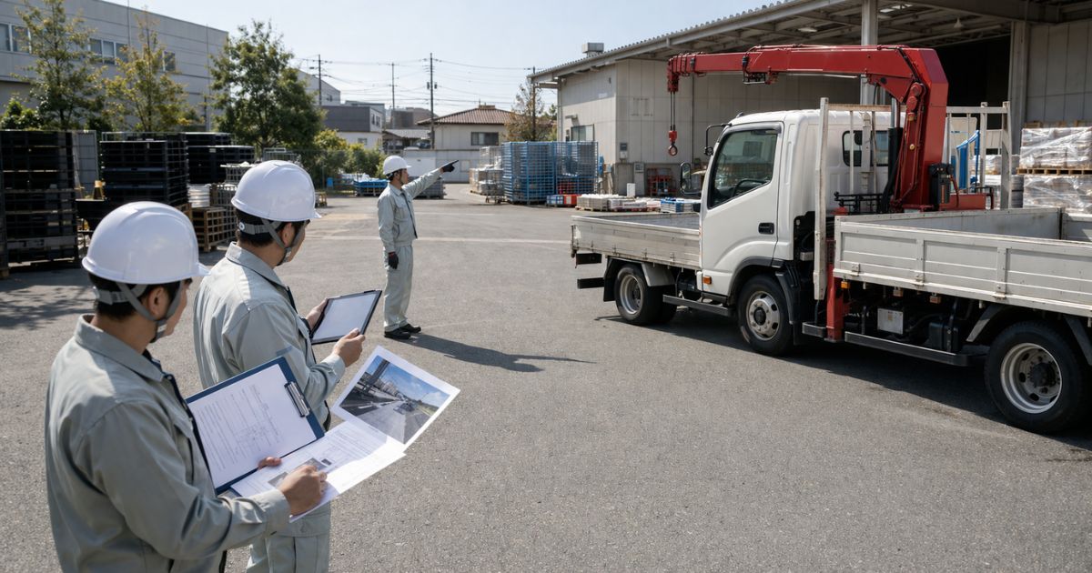運転手付きユニック車の見積前に現場条件と費用条件を確認しているイメージ