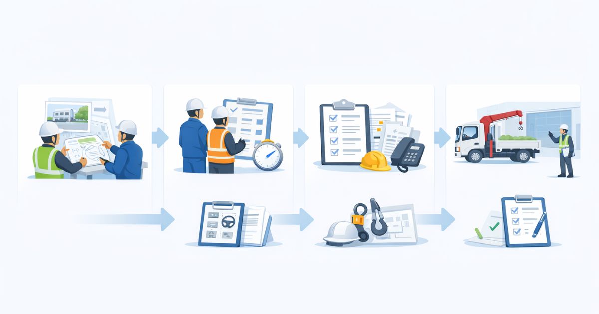 運転手付きユニック車を見積前に手配する確認手順を示した図