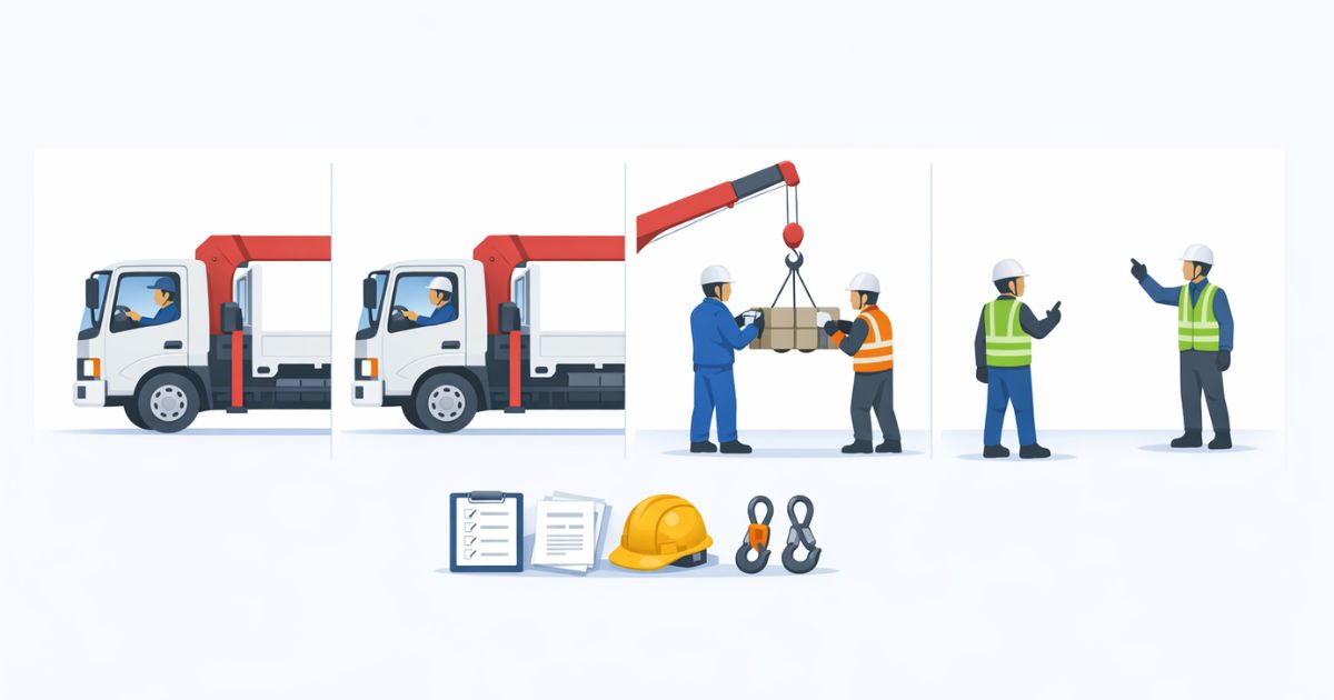 運転手付きユニック車で運転と操作と玉掛けと合図の役割を整理した図