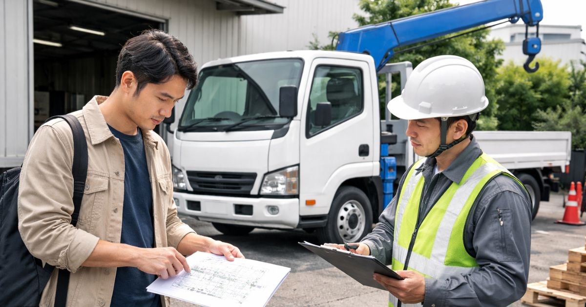 ユニック車の見積前に現場条件と役割分担を確認している実務イメージ