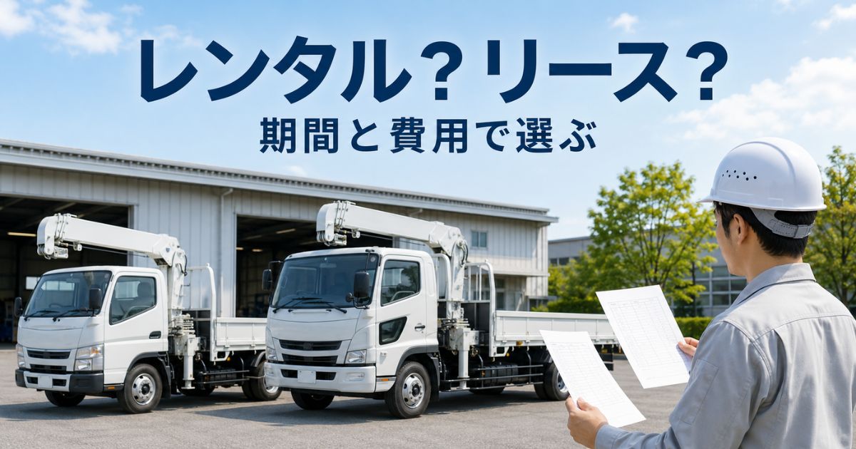 レンタルとリースを期間や費用で比較するため、書類とクレーン付きトラックを確認する担当者