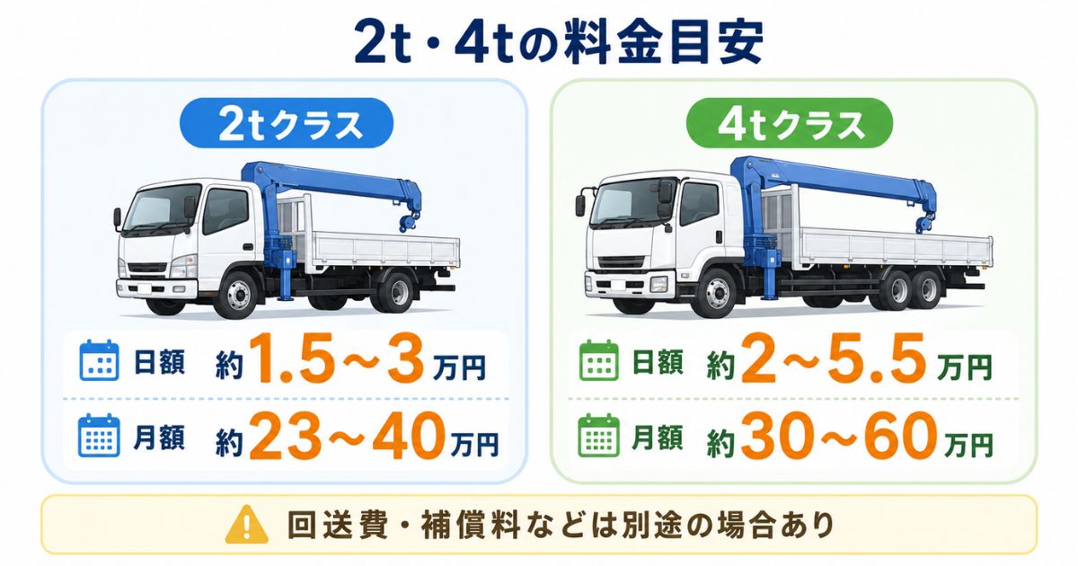 2t・4tクラスのユニック車レンタル日額と月額の料金目安を比較した図解