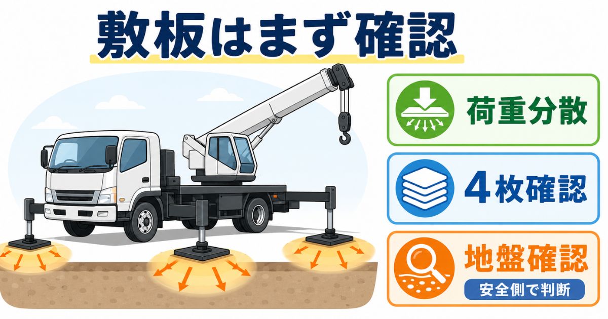 ユニック車の作業前に敷板・水平・作業半径を確認している場面