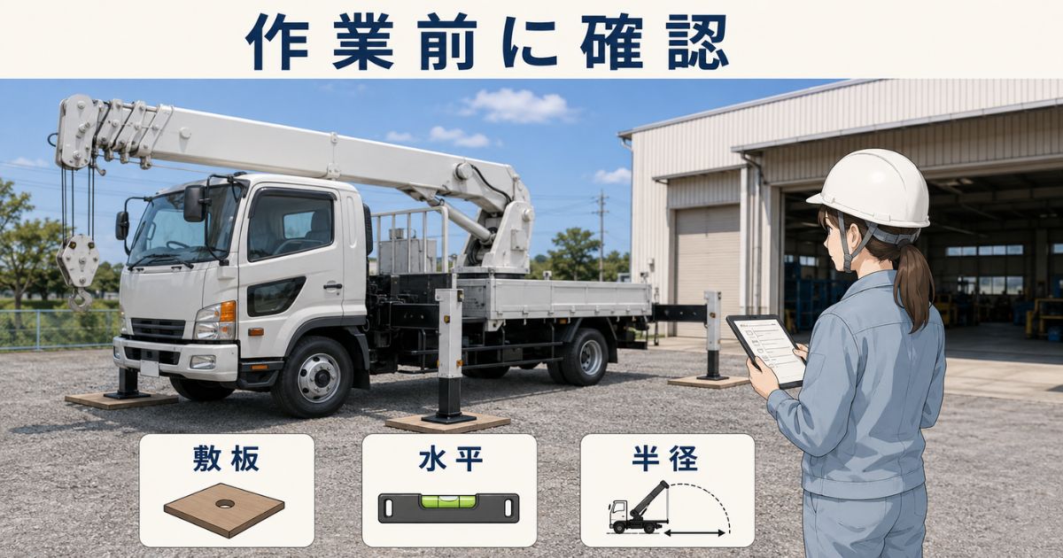 ユニック車のアウトリガー下に敷板を置き荷重分散・4枚確認・地盤確認を示す図解