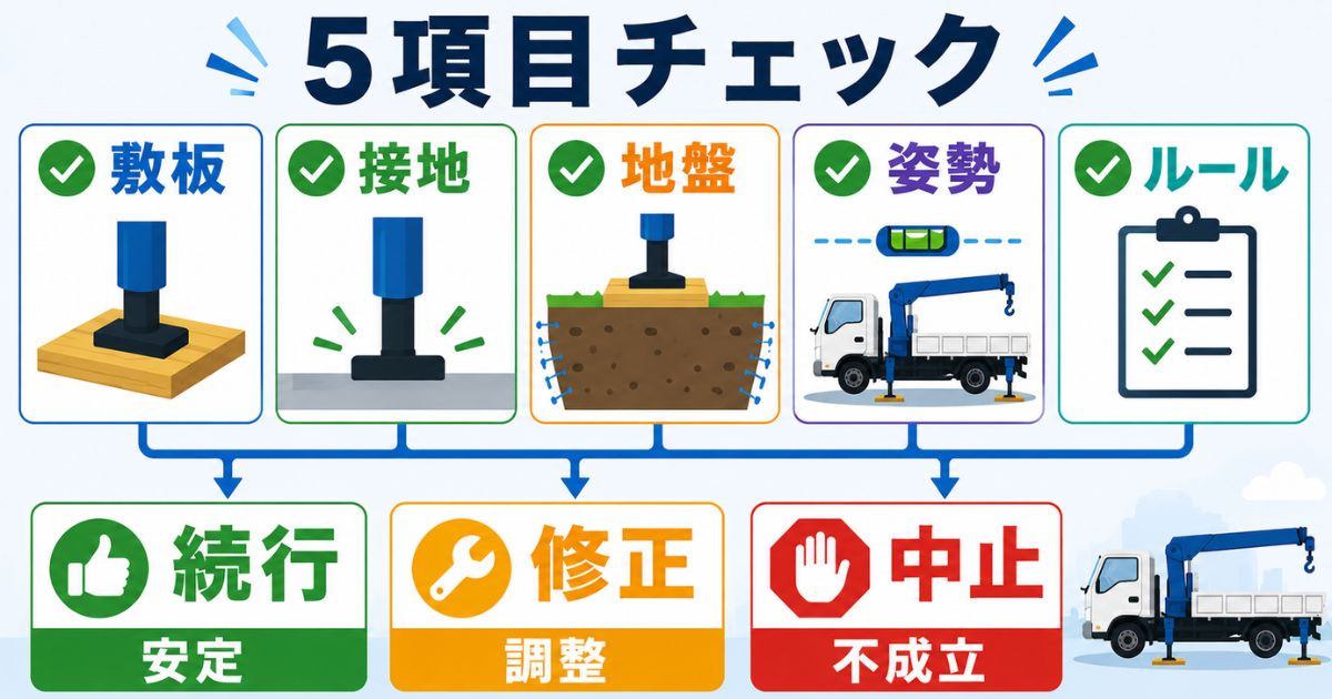 タイヤが浮いた現場で敷板・接地・地盤・姿勢・現場ルールを確認し続行・修正・中止を判断する流れの図解
