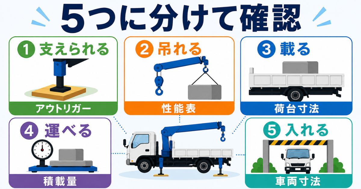 ユニック車の作業可否を支えられる・吊れる・載る・運べる・入れるの5つに分けて確認する図解