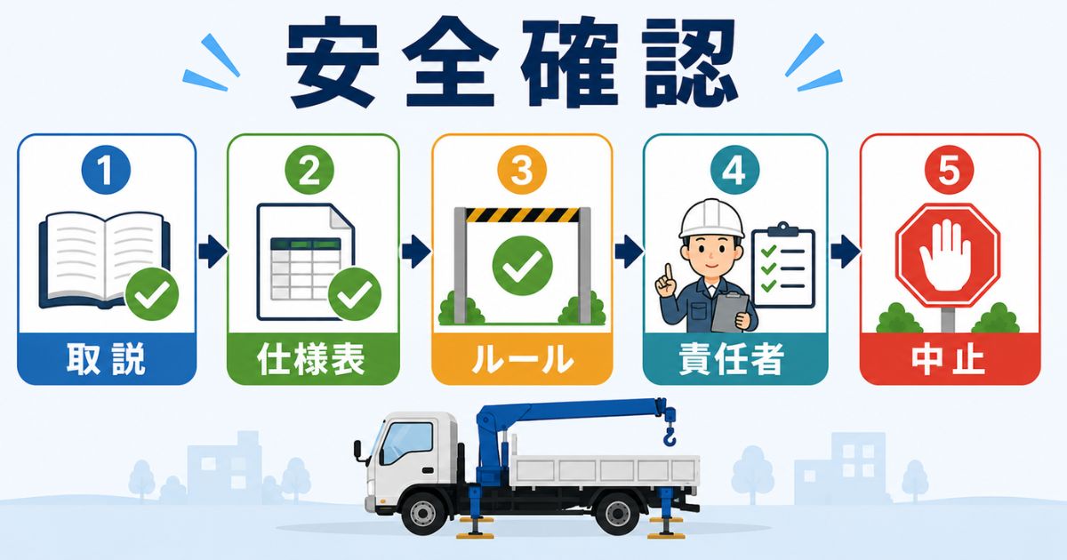 ユニック車作業前に取扱説明書・仕様表・現場ルール・責任者確認を行い無理なら中止へ切り替える安全確認フロー