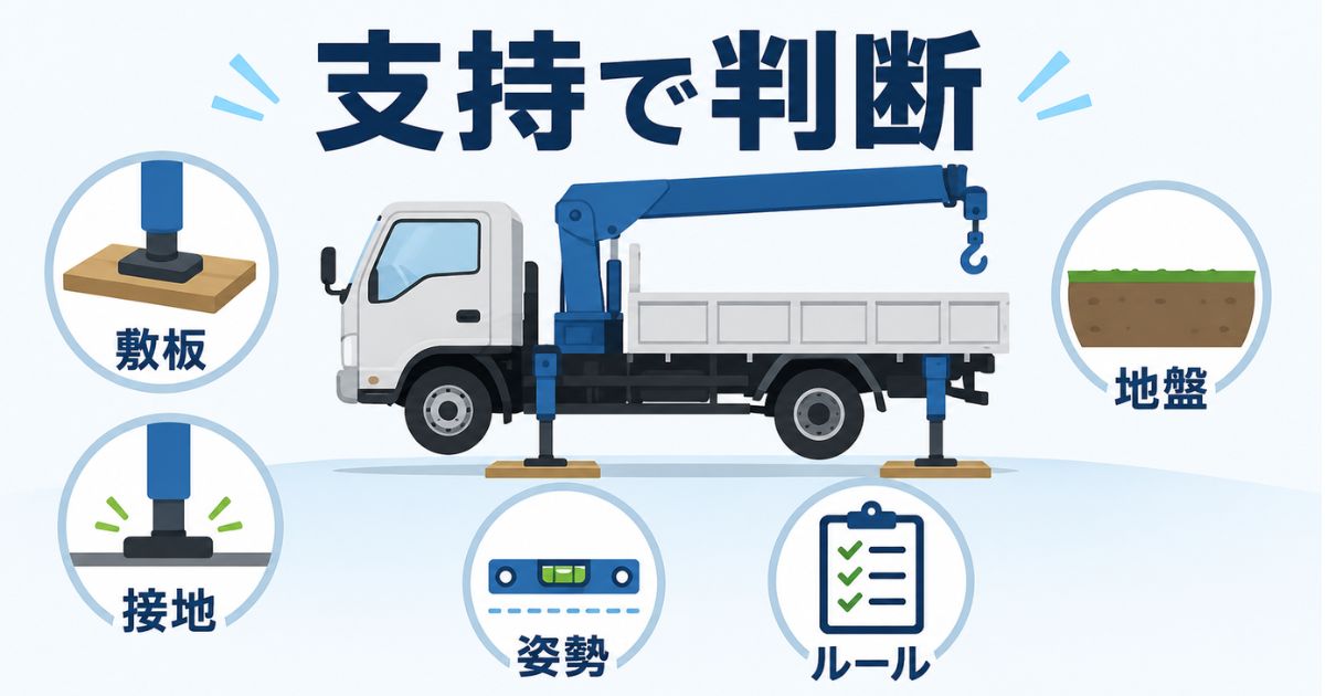 ユニック車でタイヤが浮いたときに浮き方ではなくアウトリガー支持・敷板・地盤・姿勢で判断することを示す図解