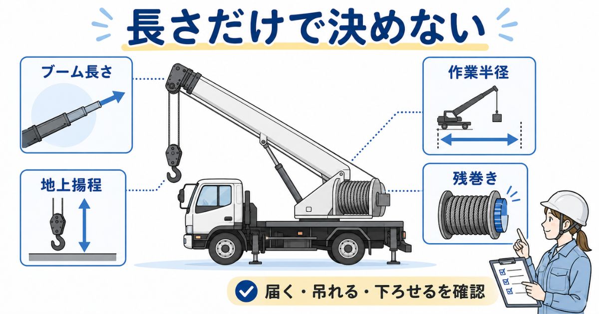 ユニック車のワイヤー長さをブーム長さ・地上揚程・作業半径・残巻きで確認する図解