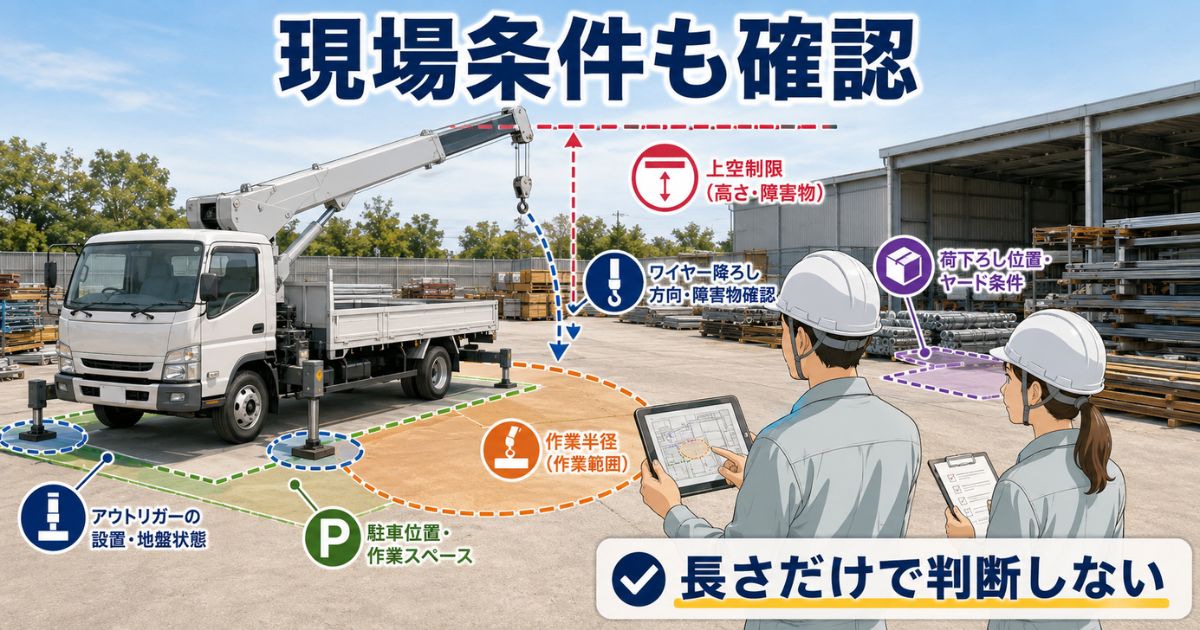 ユニック車の作業前にワイヤー長さだけでなく作業半径や高さ制限を確認している現場