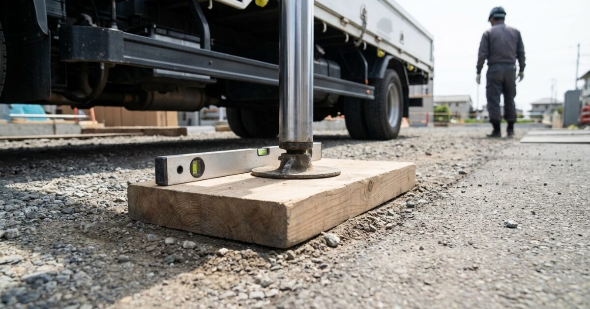 敷板を置いてからアウトリガーをゆっくり接地し水平とズレを再確認する手順イメージ