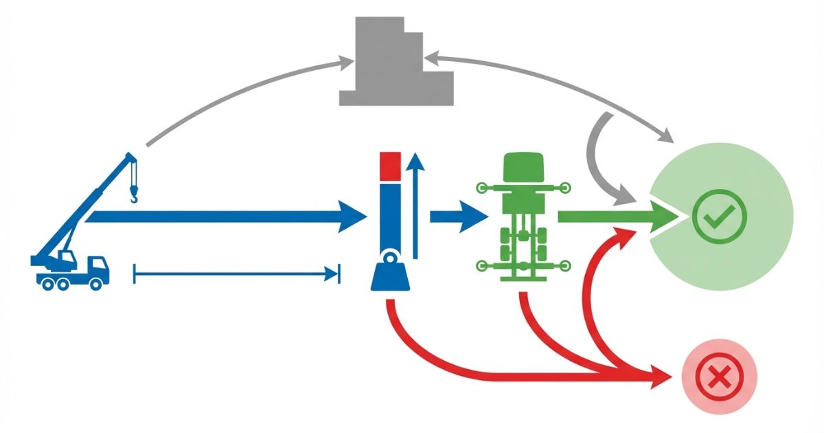 作業半径と作業条件を順に確認し、安全可否が成立する場合と成立しない場合に分岐する判断フローを示した図解