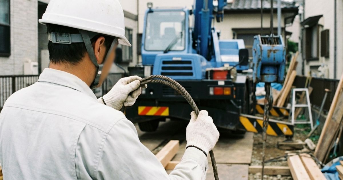 作業前点検でワイヤーロープの状態を確認し、中断判断につなげている様子