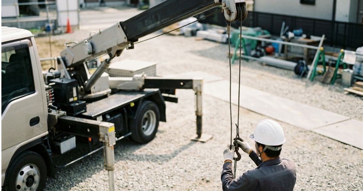 ユニック車のフック周りとワイヤーロープを作業前点検し、交換判断に備える様子