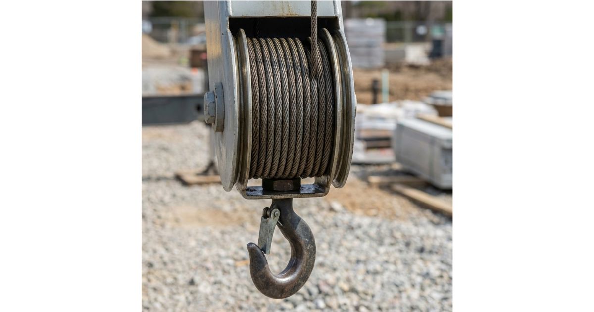 ユニック車の滑車とワイヤーロープ、フック周りの構成が分かるクローズアップ