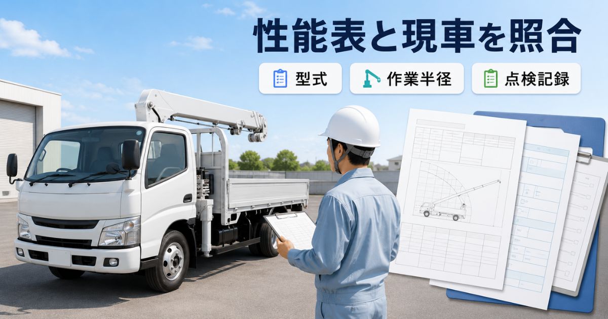 中古クレーン付きトラックの性能表と現車仕様、点検記録を購入前に照合している様子