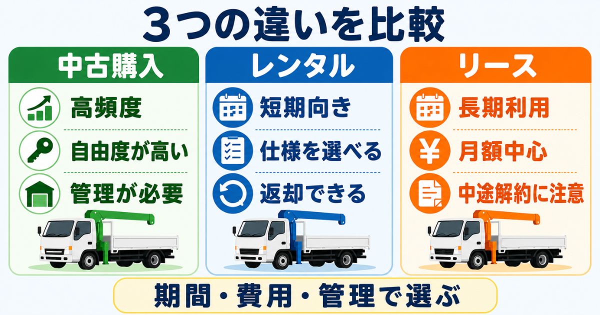 中古購入・レンタル・リースの利用期間や管理負担の違いを3つのカードで整理
