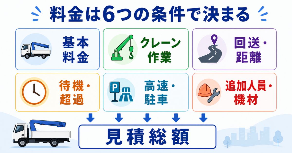 運転手付きユニック車の料金を基本料金やクレーン作業など6つの条件に分けた図解