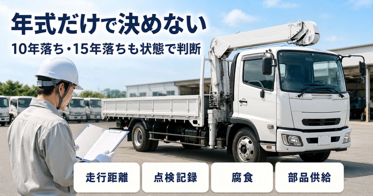 中古クレーン付きトラックを年式だけで決めず、走行距離や点検記録、腐食、部品供給を確認する場面