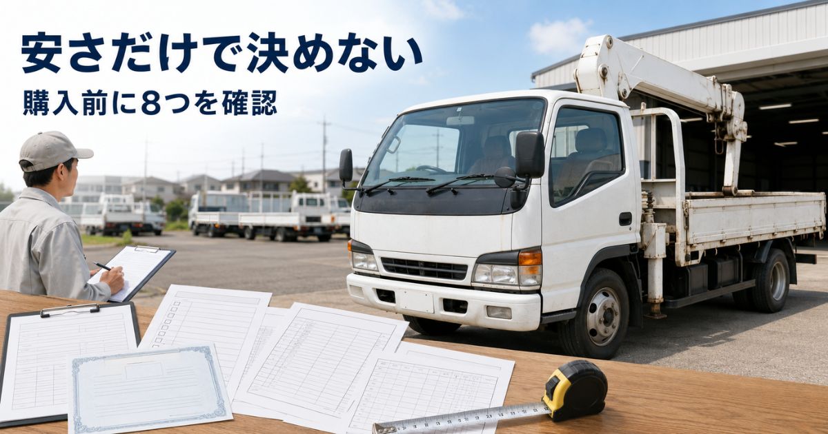 中古ユニック車と車検証・点検記録・見積書を購入前に確認している場面